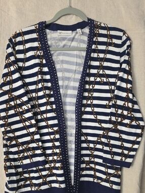 Rafaella Navy & White Striped Cardigan with Gold Chain Print
